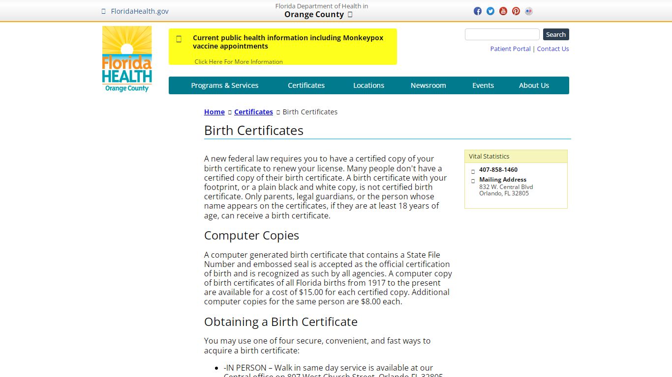 Birth Certificates | Florida Department of Health in Orange